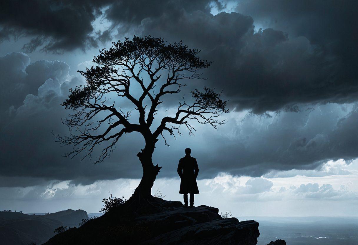 A wise, contemplative leader standing on a windswept cliff, gazing into a cloudy horizon, embodying deep emotions of melancholy yet exuding strength. Surround them with symbolic elements like a withering tree representing challenges and a glowing path symbolizing growth through self-care. Include subtle shades of blue and gray to evoke introspection, contrasted with warm light suggesting hope and resilience. atmospheric, super-realistic, moody colors.