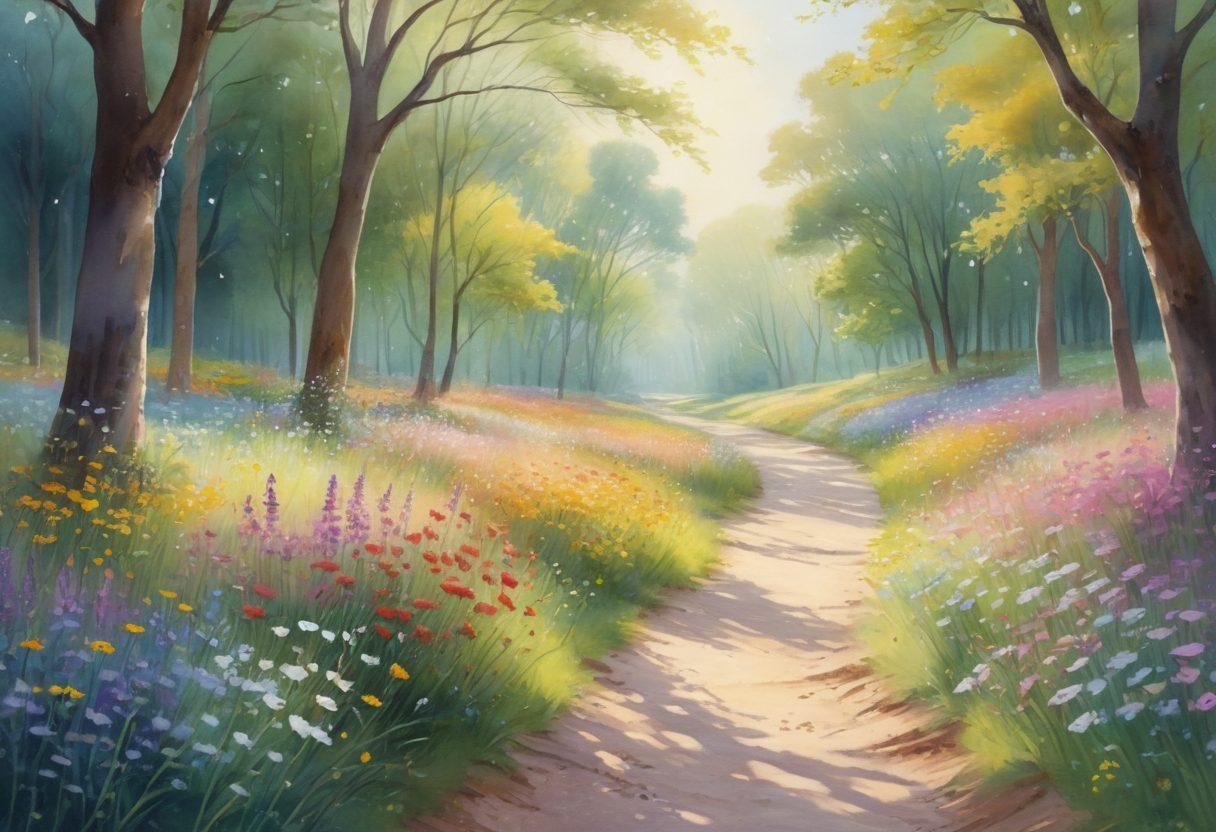A serene landscape transitioning from a dark, shadowy forest on one side to a bright, sunlit meadow filled with blooming flowers on the other. A pathway leading from the darkness into the light with figures of diverse individuals walking towards the light, symbolizing hope and joy. Soft rays breaking through the trees, illuminating the journey of positivity and happiness. pastel colors. soft focus. watercolor style.