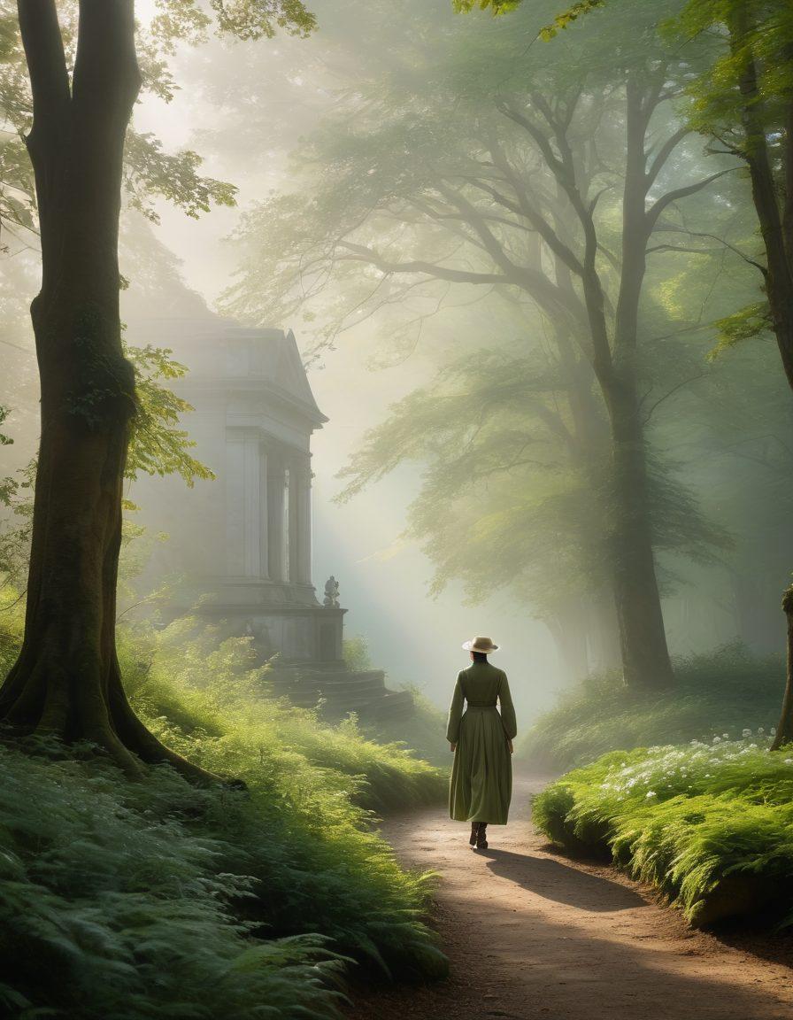 A serene figure walking through a misty forest, with shadows of historical French architecture in the background. The atmosphere is contemplative, with hints of melancholy reflected in the soft, muted colors. Gentle light filters through the trees, illuminating vibrant green foliage and flowers symbolizing wellness. Include subtle references to Napoleon's era, such as a faint outline of a military hat resting on a rock. painting. ethereal lighting. muted colors.